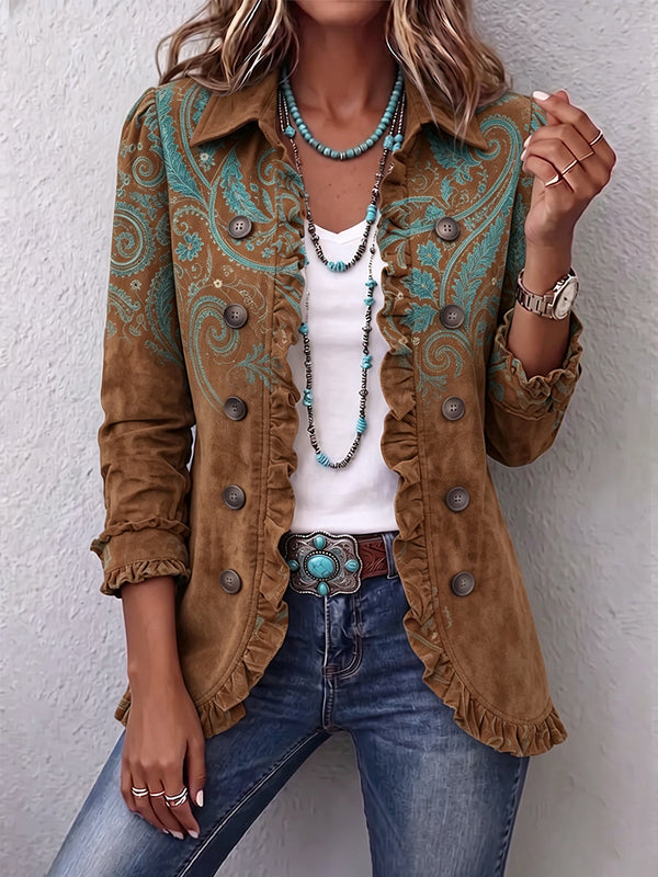 Ilse™ | Brauner Blazer mit türkisen Paisley-Details
